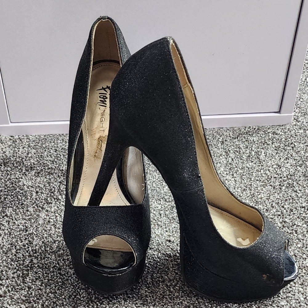 Fioni Night Black Sparkly High Heel Stiletto Platforms Size 7